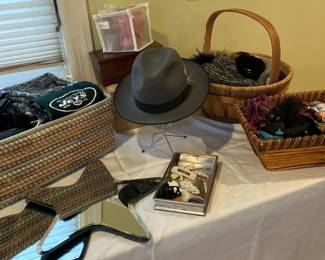 Assorted scarves hat gloves Fedora hat mirrored center pieces