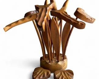 Mid-Century Modern Wooden Flower Arrangement Sculpture