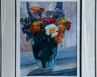 Original Framed Watercolor 'In The Window' by L. Demoss, 1993