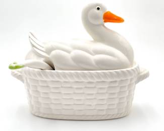 Vintage Ceramic Goose Tureen w/ Basketweave Design