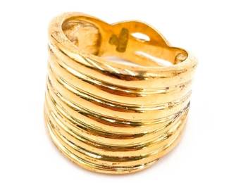 Wide Gold Band Ring with Ribbed Design