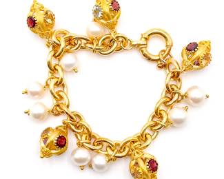 925 Sterling Gold-Tone Charm Bracelet with Gems & Pearls