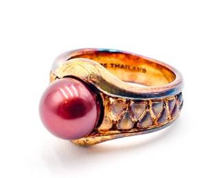 925 Sterling Silver Gold-Tone Ring with Red Pearl Accent Size 6.5