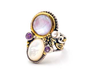 Echo of the Dreamer 925 Sterling Silver, Bronze, MOP & Amethyst Ring Size 6.5