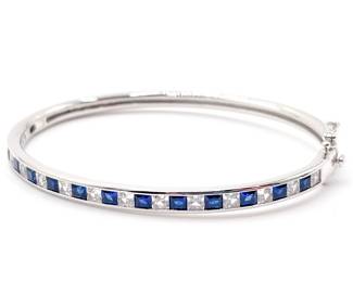 Sterling Silver Hinged Bangle with Blue & Clear CZ Stones