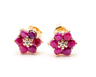 BBJ 925 Sterling Silver Gold-Plated Ruby Floral Stud Earrings