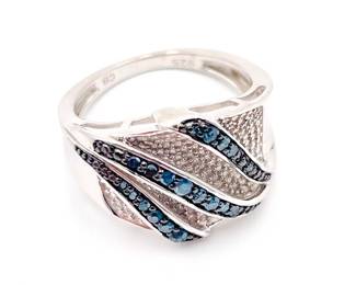 Round Blue Diamond Rhodium Over Sterling Silver Bridge Ring Size 8