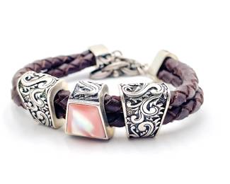 Carolyn Pollack 925 Sterling & Pink Mother of Pearl Braided Leather Bracelet