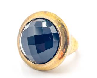 925 Sterling Silver Gold-Tone Ring with Faceted Black Stone Size 7