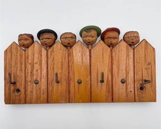 Carved Wood Key Holder with Figures in Hats