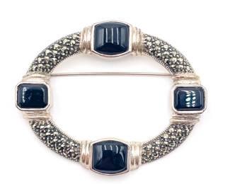 Sterling Silver Brooch With Onyx and Marcasite Accents