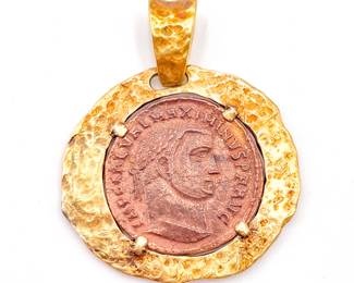925 Italy Pendant with Ancient Coin in Gold-Toned Setting