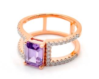 Rose Gold-Finished 925 Silver Ring with Amethyst & CZ Stones Size 8