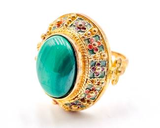 Gold-Plated Sterling Silver Ring with Malachite & Enamel Size 7