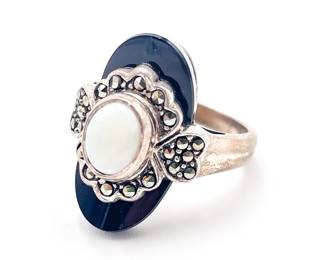 Sterling Silver Ring with Opal, Marcasite & Onyx Size 7.5
