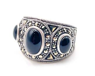 925 Sterling Silver Ring with Black Onyx and Marcasite Size 7