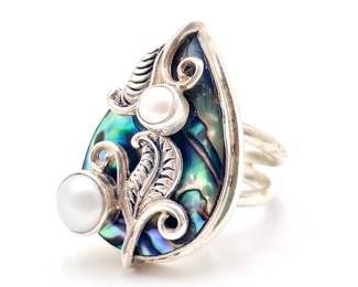 Merav 925 Sterling Silver Ring with Abalone and Pearls Size 7