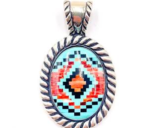 Carolyn Pollack Relios 925 Silver Turquoise Multi Stone Mosaic Inlay Pendant