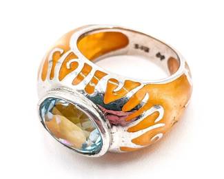 925 Silver Ring with Yellow Enamel and Blue Gemstone, Size 7