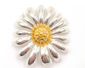 Daisy-Shaped 925 Sterling Silver and Gold Tone Brooch