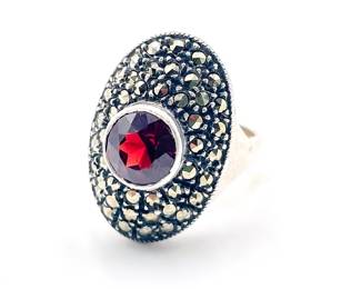 Sterling Silver Ring with Garnet and Marcasite Size 7