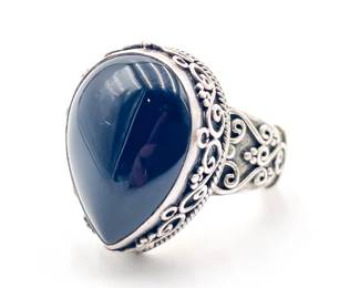 Sterling Silver Ring with Black Teardrop Stone Size 7