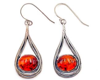 Sterling Silver Drop Earrings with Amber Stones