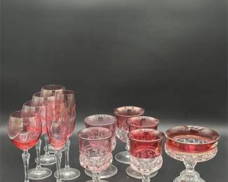 Set of Cranberry Glass Stemware and Footed Bowls