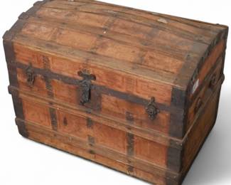Antique Dome-Top Wooden Trunk w/ Victorian Lithograph