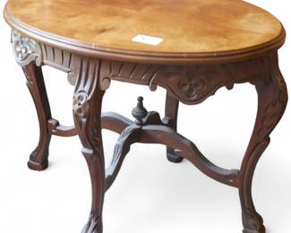 Oval Inlaid Rococo-Style Parlor Table w/ Carved Base
