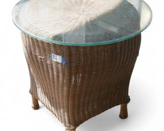 Woven Wicker Outdoor Side Table w/ Glass Top