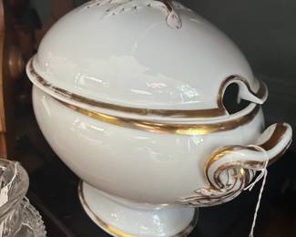 1920's Soup Tureen sitting on silver plated flatware set from 1940's.