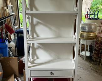 Another shot of bookshelves showing canvas storage bins that are included.