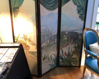 Antique inlaid mahogany screen with hand painted panels with a leopard and elephants