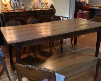 Antique French country farm table with 8 chairs in LeeJofa linen