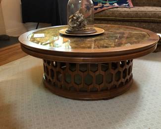 Mid Century walnut cocktail table reverse gilt glass top