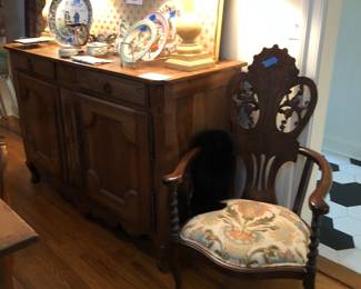 Antique arm chair with linen seat