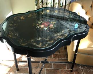 Antique papier-mâché tray on table height stand