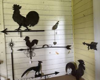 Vintage weathervanes - one antique likely blacksmith made rooster