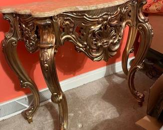 Golden Tone Console Table With Marble Too