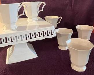 Six Independence Ironstone Tea Cups And White Lace Trim Cake Plate