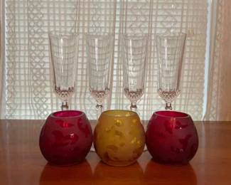 4 Pc Lead Crystal glass Champagne flutes W Colored flat candle holders
