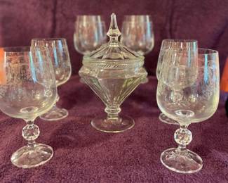 Six Vintage Cascade Crystal Needle Etched Water Go Lets And A Vintage EAPG Clear Glass Lidded Dis