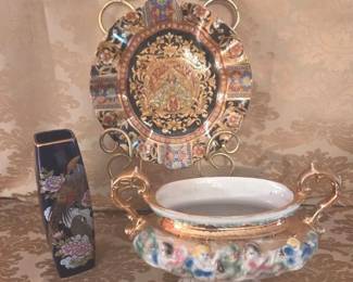Decorative Porcelain Trio Plate, Vase And Bowl