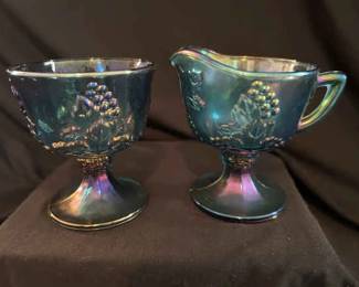 Blue Carnival Glass Creamer Sugar Bowl
