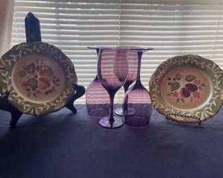 Purple Glass Set With Two Nature Themed Plates