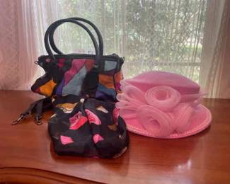 Pink Hat, Patterned Bag, And Beautiful Scarf