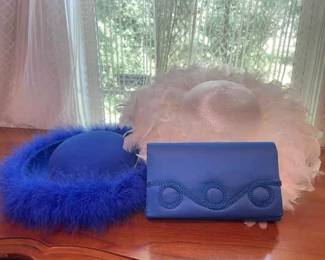 Blue And White Feather Hat Duo With blue Purse