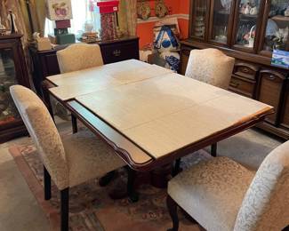 5 Foot Long Wooden Table With 4 Upholstered Bombay Company Chairs INCLUDES LEAF