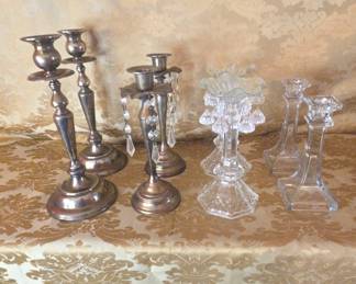 Lot Of Crystal And Silver Toned Candlesticks